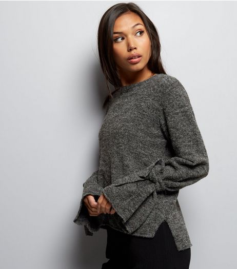 Dark Grey Textured Tie Sleeve Jumper | New Look