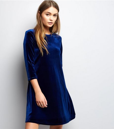 Navy Velvet 3/4 Sleeve Swing Dress | New Look