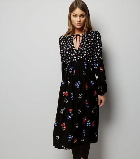 Black Contrast Floral Print Midi Dress | New Look