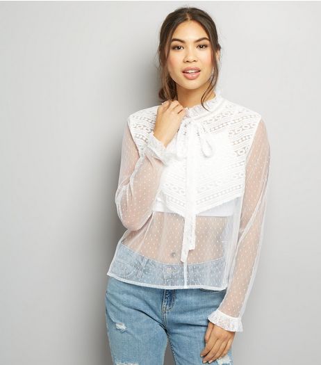 Blue Vanilla Cream Sheer Lace Panel High Neck Top | New Look