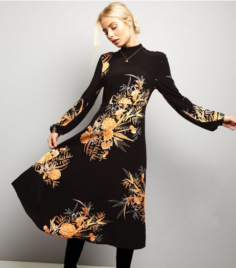 Tall Black Floral Print Funnel Neck Midi Dress | New Look
