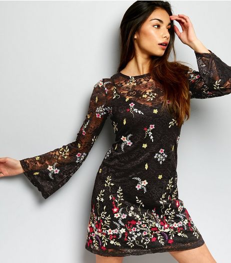 Black Lace Floral Embroidered Swing Dress | New Look