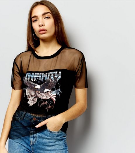 Black Mesh Infinity Print Short Sleeve T-Shirt | New Look