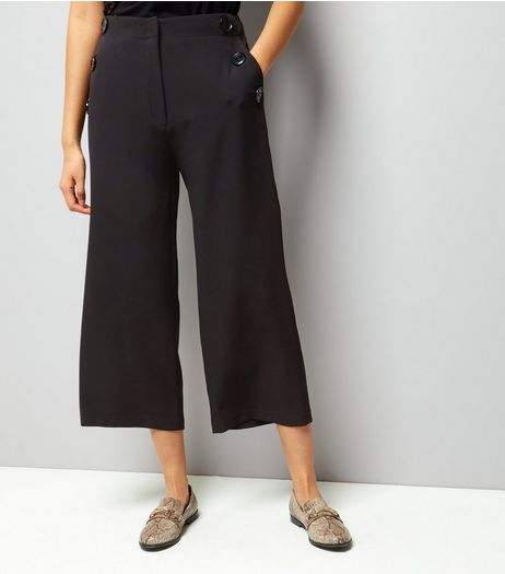 Black Button Trim Wide Leg Cropped Trousers | New Look