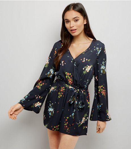 Black Floral Print Flared Sleeve Playsuit | New Look