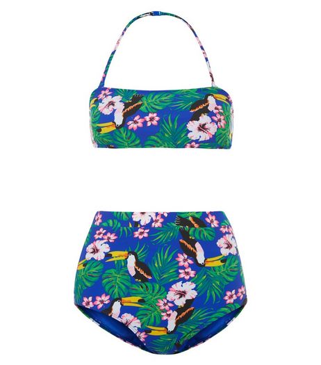 Teens Blue Floral and Bird Print Bandeau and High Waisted Bikini | New Look