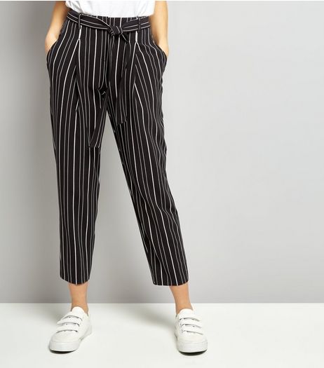 Black Stripe Tie Waist Trousers | New Look