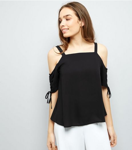 Black Cold Shoulder Tie Sleeve Top | New Look