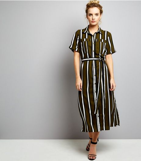 Petite Green Stripe Short Sleeve Shirt Dress | New Look