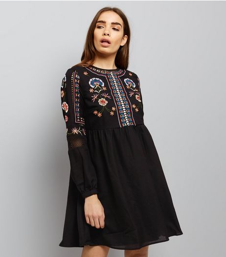 Black Embroidered Long Sleeve Smock Dress | New Look