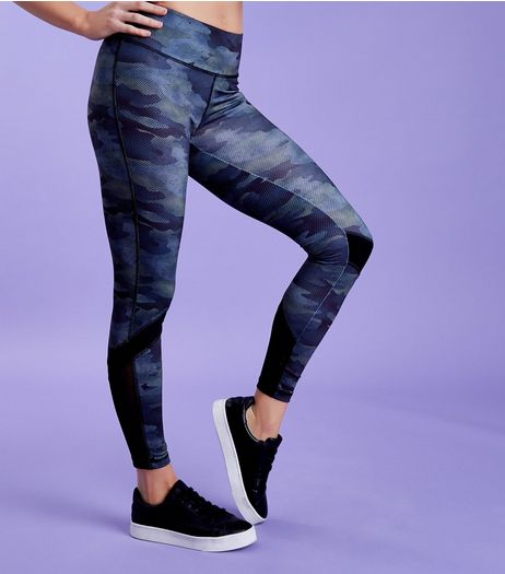 Green Camo Print Mesh Hem Sports Leggings | New Look