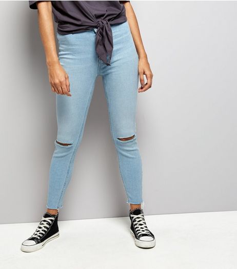 Petite Pale Blue Ripped Knee Fray Hem Skinny Jeans | New Look