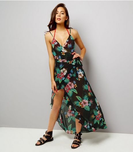 Black Tropical Print Wrap Front Maxi Dress | New Look