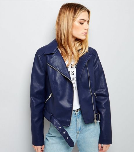 Navy Belted Leather-Look Cropped Biker Jacket | New Look