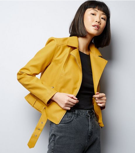 Yellow Belted Cropped Leather-Look Biker Jacket | New Look