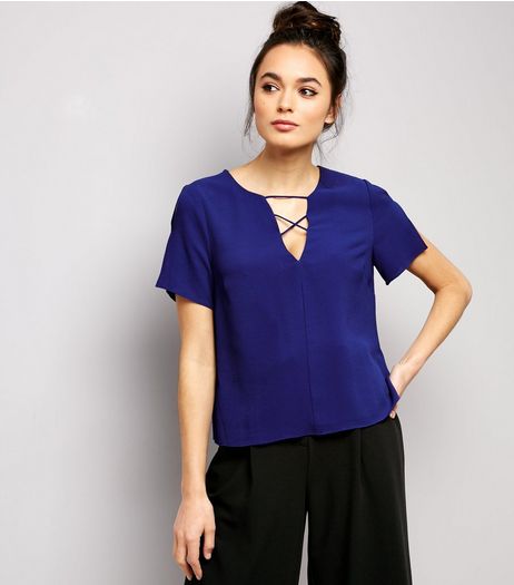 Blue Lattice Front Short Sleeve T-Shirt | New Look