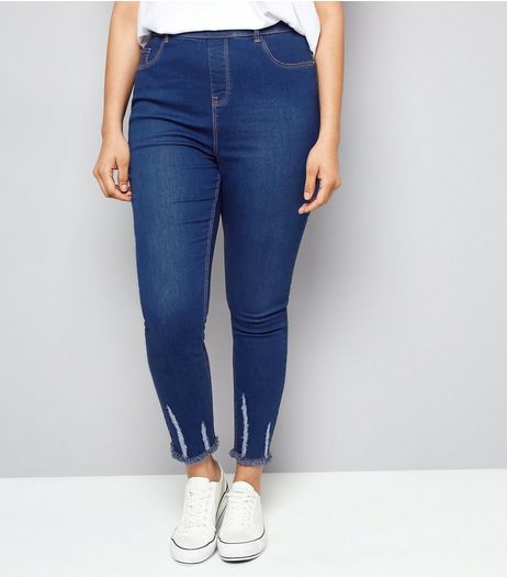 Curves Blue Ripped Hem Jeggings | New Look
