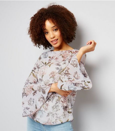 Purple Chiffon Floral Print Flared Sleeve Top | New Look