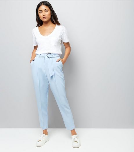 Petite Pale Blue Circle Belt Slim Leg Trousers | New Look