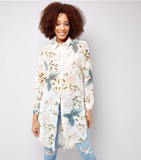 White Floral Print Chiffon Longline Shirt | New Look