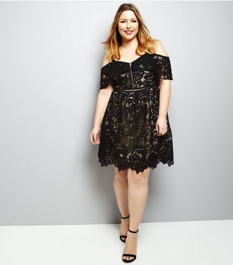 Curves Black Premuim Lace Cold Shoulder Mini Skater Dress | New Look