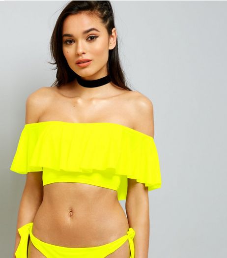 Yellow Bardot Neck Frill Trim Bikini Top | New Look