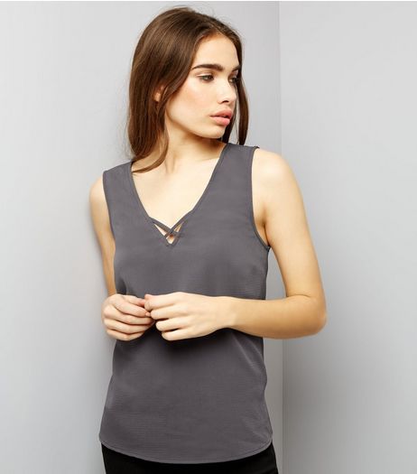 Dark Grey Cross Strap Front Sleeveless Top | New Look
