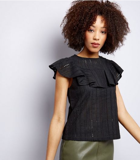 Black Cut Out Frill Trim Short Sleeve Top | New Look