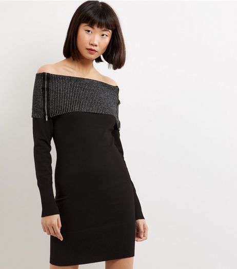 Apricot Black Layered Zip Trim Bardot Neck Dress | New Look