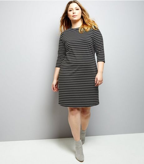 Curves Black Stripe 3/4 Sleeve Swing Dress | New Look