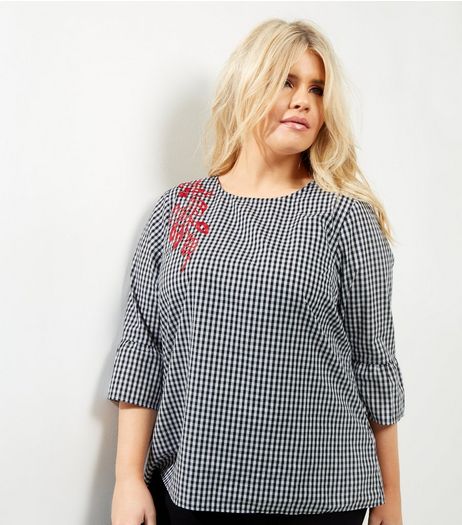 Curves Black Check Embroidered Bell Sleeve Top | New Look