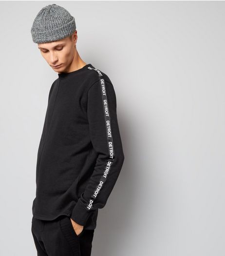 Black Detroit Tape Sleeve Sweater | New Look