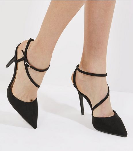 Black Suedette Asymmetric Strap Pointed Heels | New Look