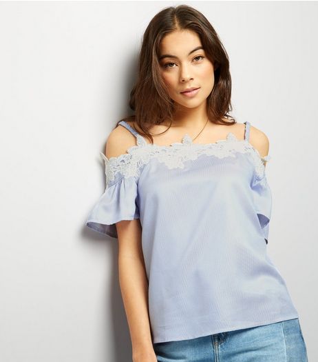 Blue Crochet Lace Trim Cold Shoulder Top | New Look