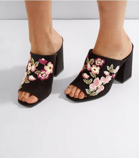 Wide Fit Black Floral Embroidered Heeled Mules | New Look