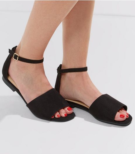 Wide Fit Black Suedette Wide Strap Sandals | New Look