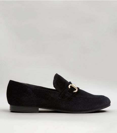 Black Velvet Metal Bar Loafers | New Look