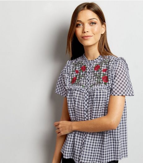 Black Gingham Rose Embroidered Frill Trim Shirt | New Look