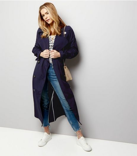 Navy Button Front Belted Trench Coat | New Look