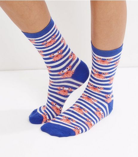 Blue Crab and Stripe Print Socks | New Look