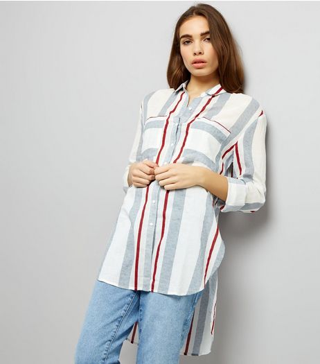 White Multi Stripe Dip Hem Longline Shirt | New Look