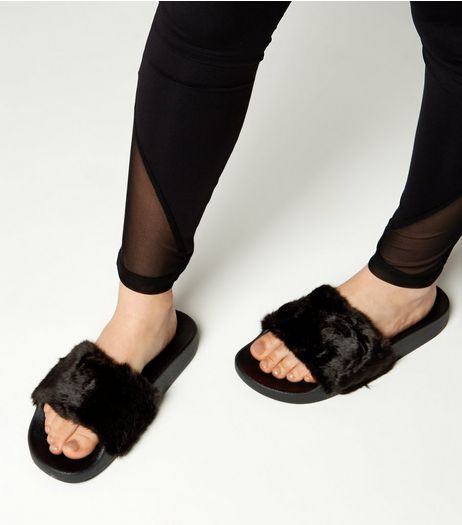 Teens Black Faux Fur Sliders | New Look