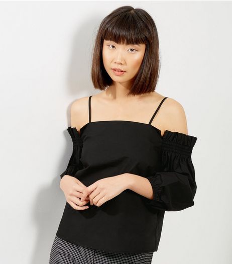 Black Ruched Bardot Neck Long Sleeve Top | New Look