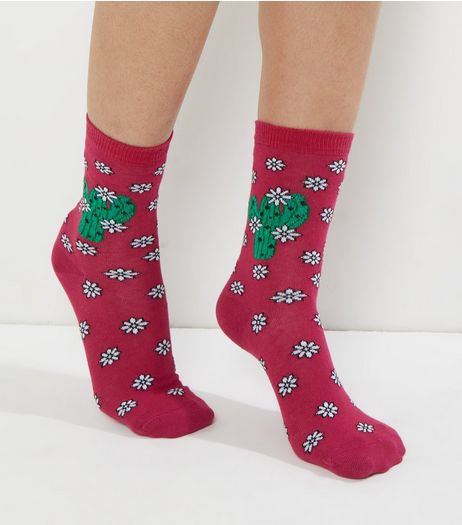 Burgundy Floral Metallic Cactus Socks | New Look
