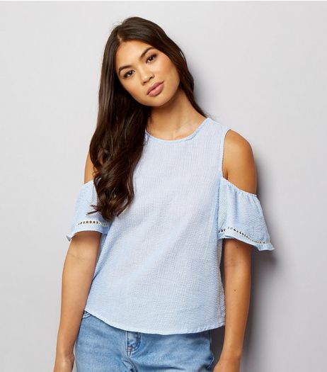Blue Lattice Back Cold Shoulder Top | New Look