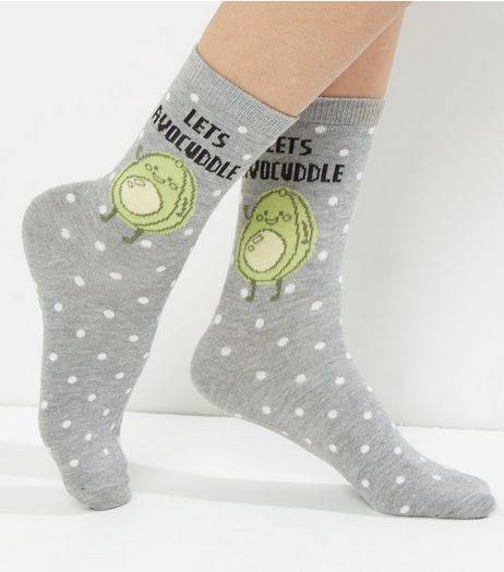 Grey Lets Avo Cuddle Print Socks | New Look