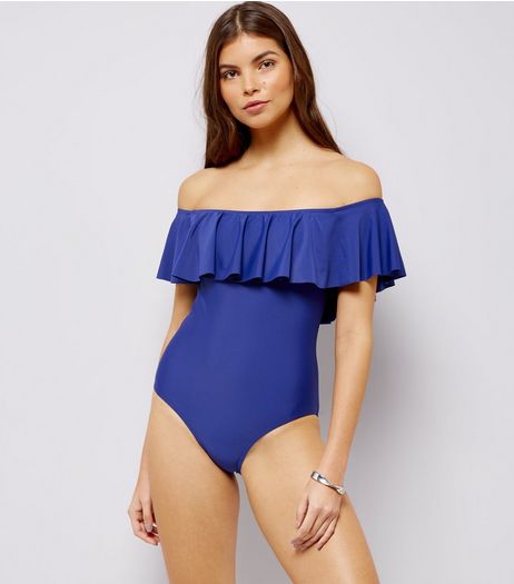 Navy Frill Trim Bardot Neck Swimsuit | New Look