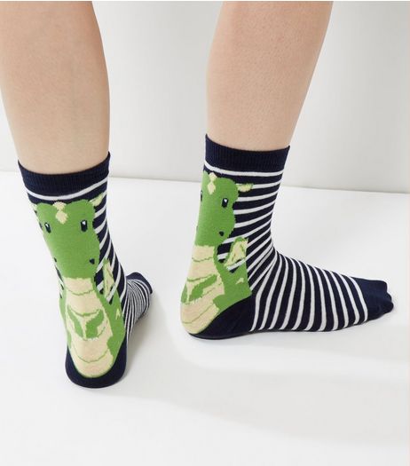 Navy Dinosaur Stripe Print Socks | New Look