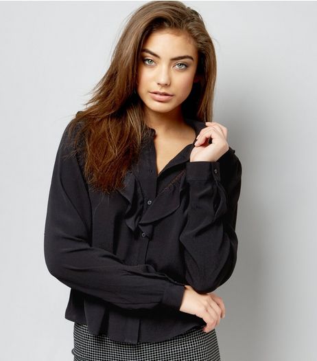 Black Chevron Frill Trim Long Sleeve Shirt | New Look
