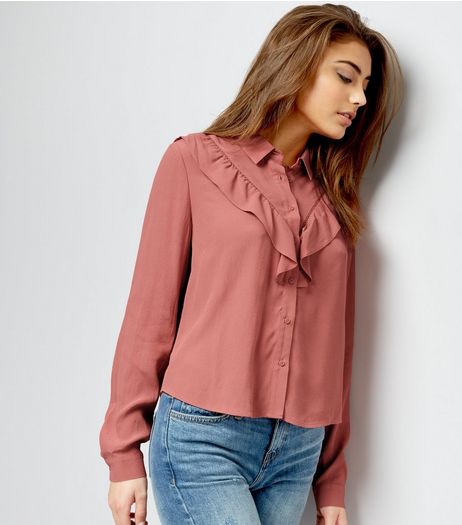 Mid Pink Chevron Frill Trim Long Sleeve Shirt | New Look